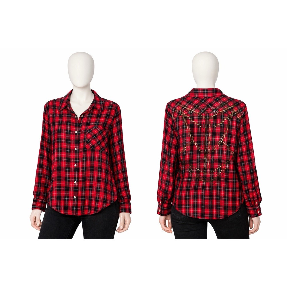 Women Red Black Plaid Flannel Button Shirt Western Studded Back Bethany Mota SP